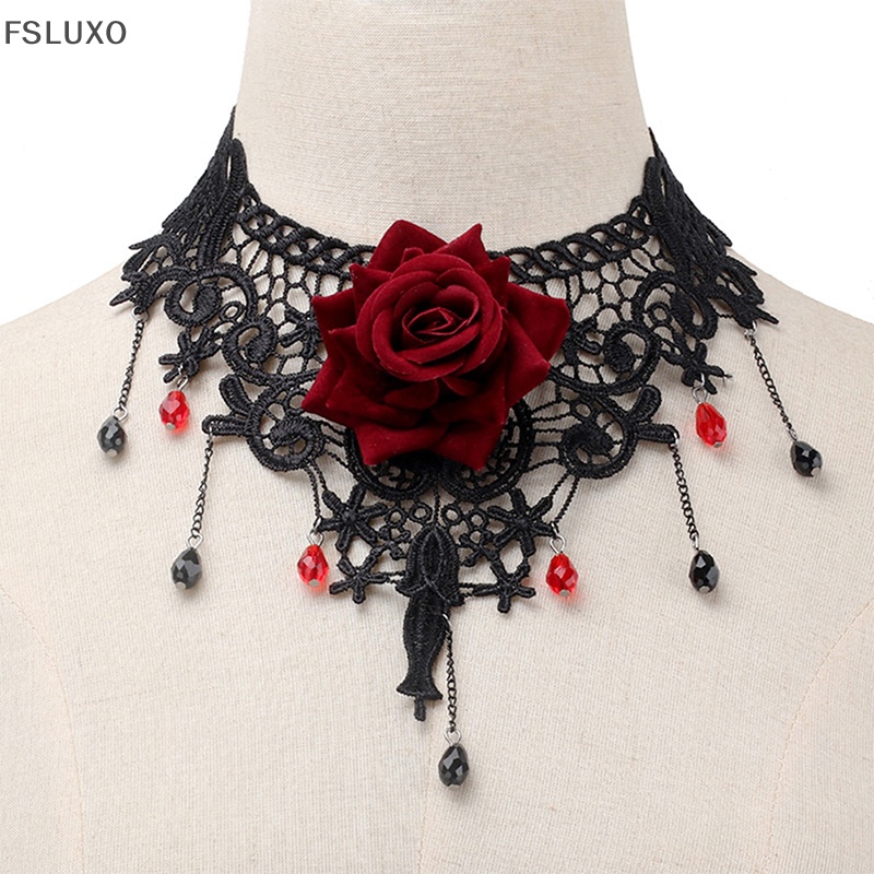 FSLUXO Vintage Flower Charme Pingente Gargantilha Para Mulheres Gótico De Renda Tassel Clavicle Chain Jewelry .