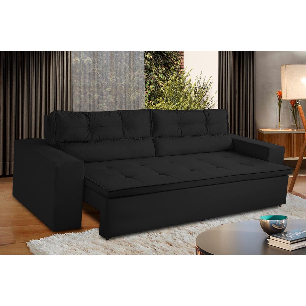 Sofá Retrátil e Reclinável 3 lugares com Molas 2,00m Vegas Suede Preto Adonai Estofados - Home & Living