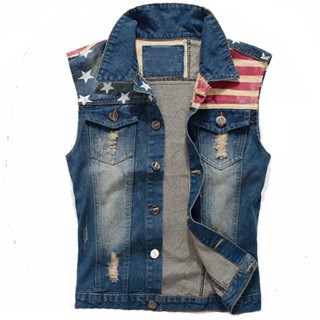 Colete jeans masculino jeans Cowboy desgastado Colete da moda Jaquetas sem mangas Star Flag estampado tanques