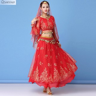 Qsuccua Adulto Senhoras Indiano Dança Do Ventre Chiffon Manga Curta Comprida Topo Saia Longa Conjunto Traje De Desempenh
