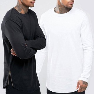 Masculino Casual Bainha Redonda Sólida Topos Camisetas Masculinas Longline Manga Longa Camiseta Hip Hop Zíper Lateral St