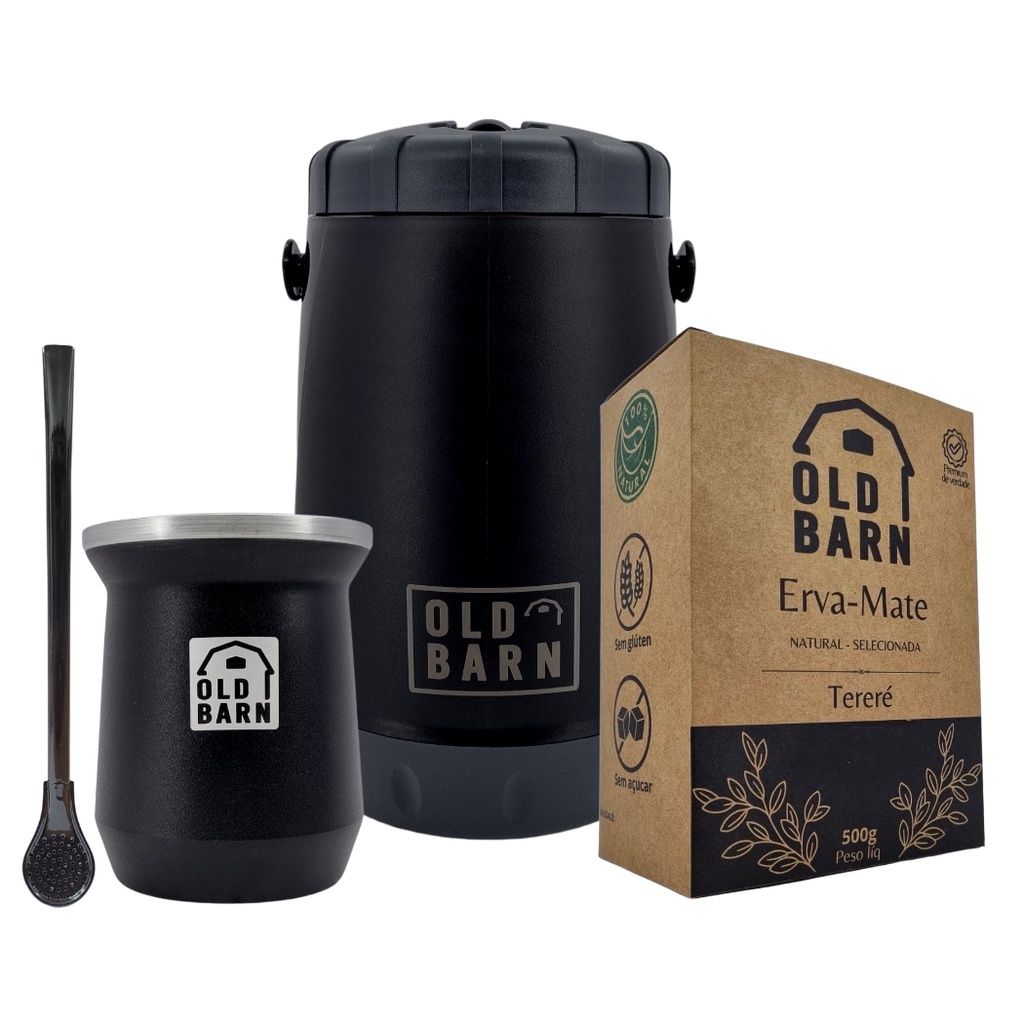 Kit Tereré Old Barn Completo Preto Garrafa 2,5L Cuia De Alumínio 300ml Bomba Clássica Erva 500g