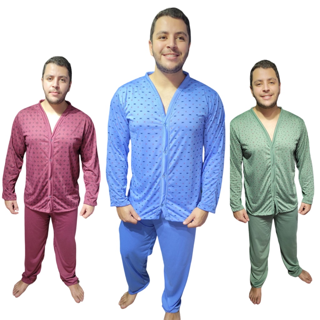 Kit 3 Pijamas Masculino De Inverno Aberto com Botões Longo Conjunto Homem dormir Macio