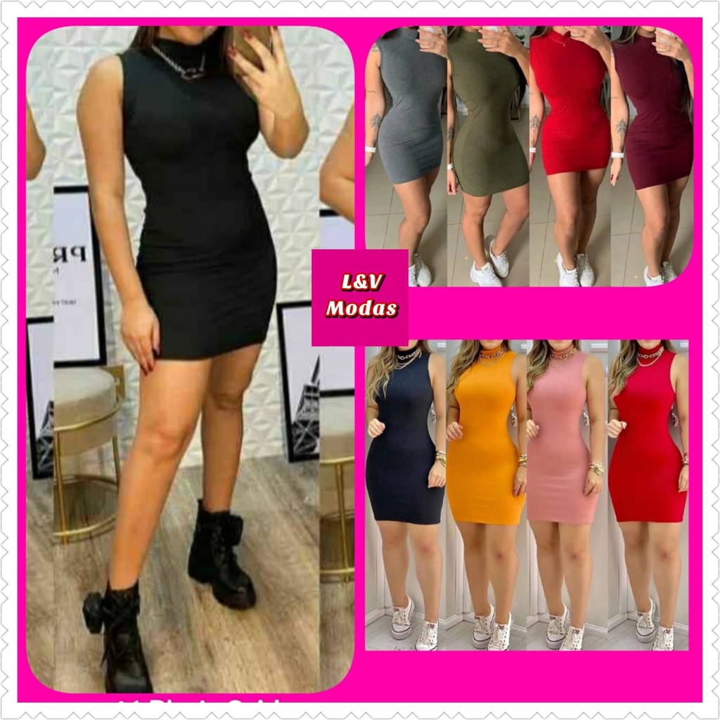 Vestido Gola alta Canelado em Oferta na Shopee