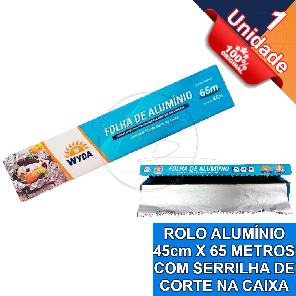 Rolo Papel Aluminio 45 cm x 65 mt  Com Serrilha de Corte na Caixa - Wyda