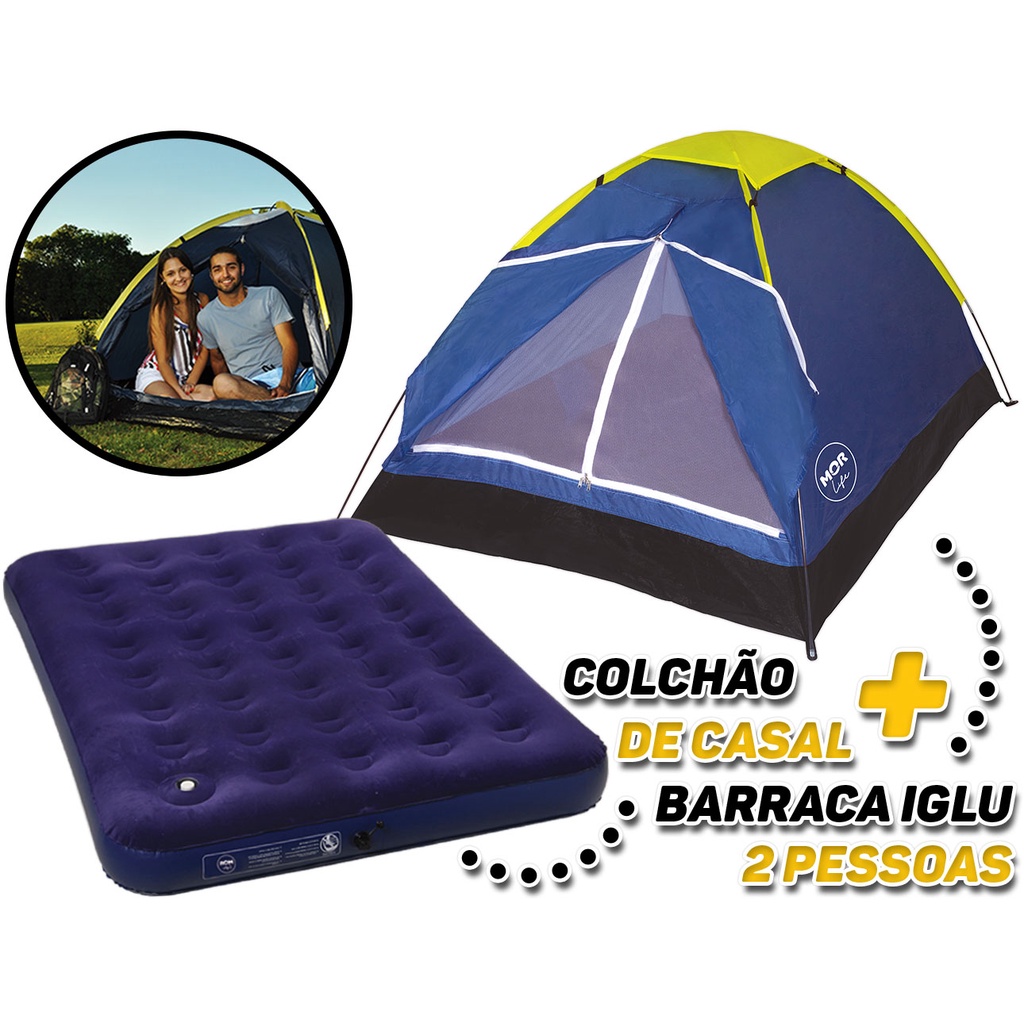 Barraca Acampamento Camping 2 Pessoas Lugares + Colchão De Ar Casal Tipo Iglu Mor C/ Mosqueteiro Varetas Fibra De Vidro Azul Montagem Fácil
