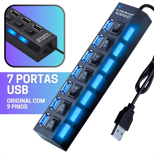 Régua Hub Usb Varias Entradas 7 Portas Mouse Hd Externo Cabo Transferência de Dados Transferir Pen Drive