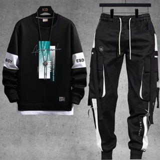 Camisa De Suor Confortável Para Homens Pescoço Redondo De Manga Longa + Calça De Carga Hip-Hop Joggers Preta Outono E Inverno 2023 Novo Estilo