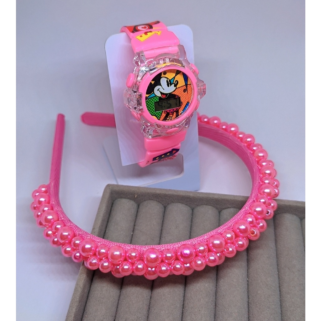 Kit Relógio Infantil Meninas Digital Led Pisca Luz Led Toca Musica Princesas Disney + Tiara de Cabelo Arquinho Pérolas