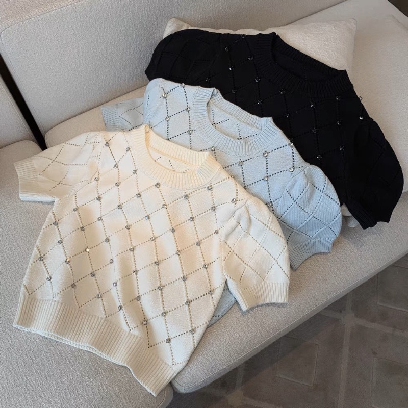 Camiseta Manga Oca Placa Feminina Curta Primavera/Verão Moda Malhas De Pescoço Redondo