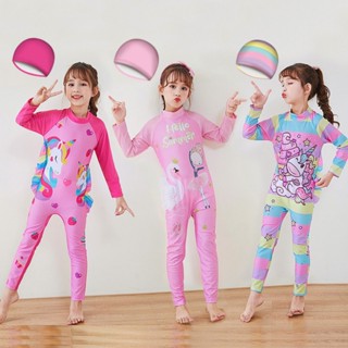 Novo Fato De Banho De Alta Qualidade Para Crianças Uma Peça De Roupa Manga Comprida Dri-fit Rashguard Com Boné Meninas Calças Compridas De Verão 3-12 Anos De Idade