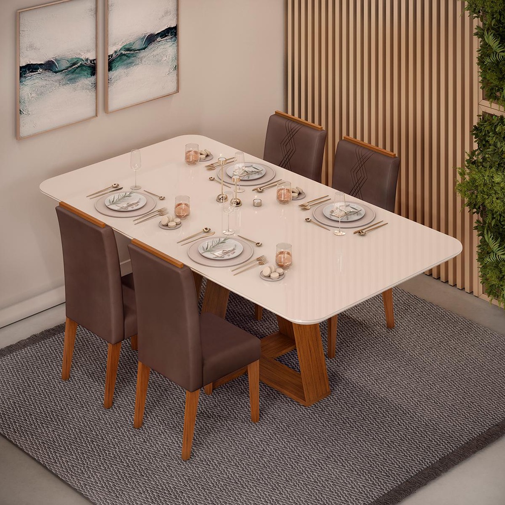 Conjunto de Sala de Jantar 4 Cadeiras Tampo Curvo Dj Móveis Kiara Freijó Yasmin Moca em Oferta na Shopee