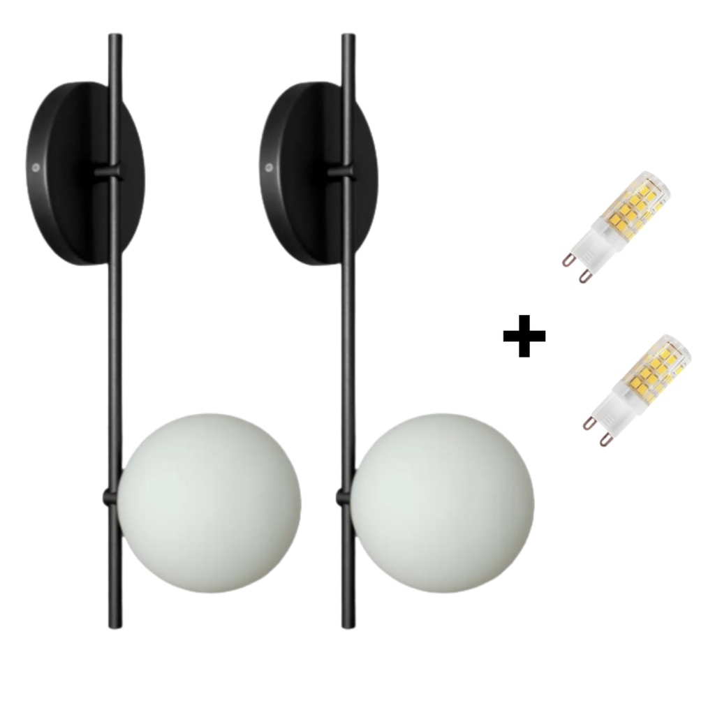 2 Arandelas Parede Jabuticaba Banheiro Cama Preta + Lâmpadas