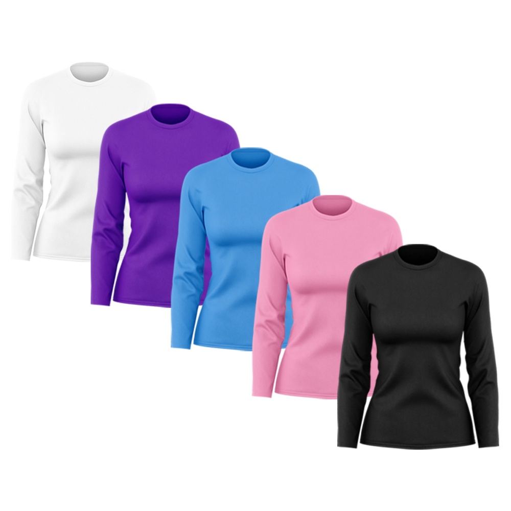 Kit 5 Camisetas Feminina Manga Longa Dry Fit Básica Lisa Proteção Solar UV Térmica Blusa Academia Esporte Praia
