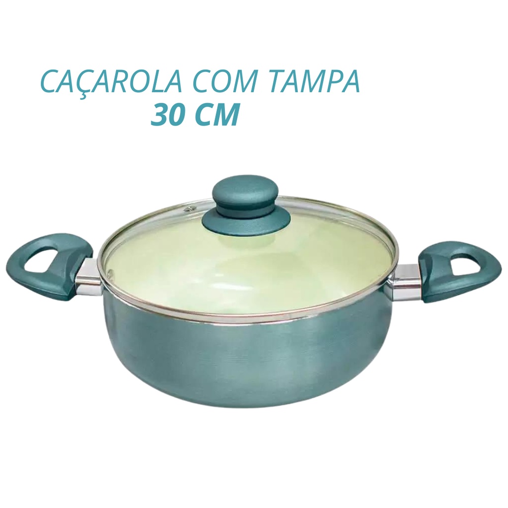 Panela Antiaderente Caçarola Cerâmica 30 Cm Tampa Vidro Temperado Cabo Silicone Casambiente