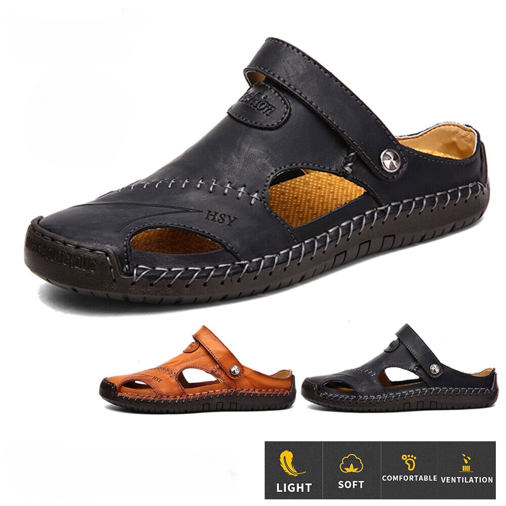 Sandálias Esportivas Masculinas Com Bico Fechado , Sapatos De Couro De Verão , Praia , Pescador , Chinelos Planos