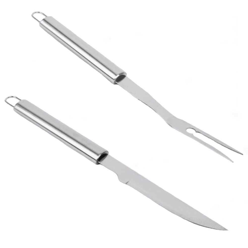 Kit faca longa e garfo trinchante com cabo churrasco grelha carne corte lamina utensilio inox cozinha churrascaria