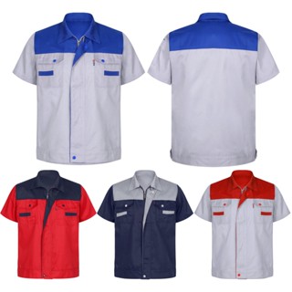 Bloco De Cores Masculino Manga Curta Zipper Work Jacket Factory Workers Uniformes Fato Mecânico Com Bolso