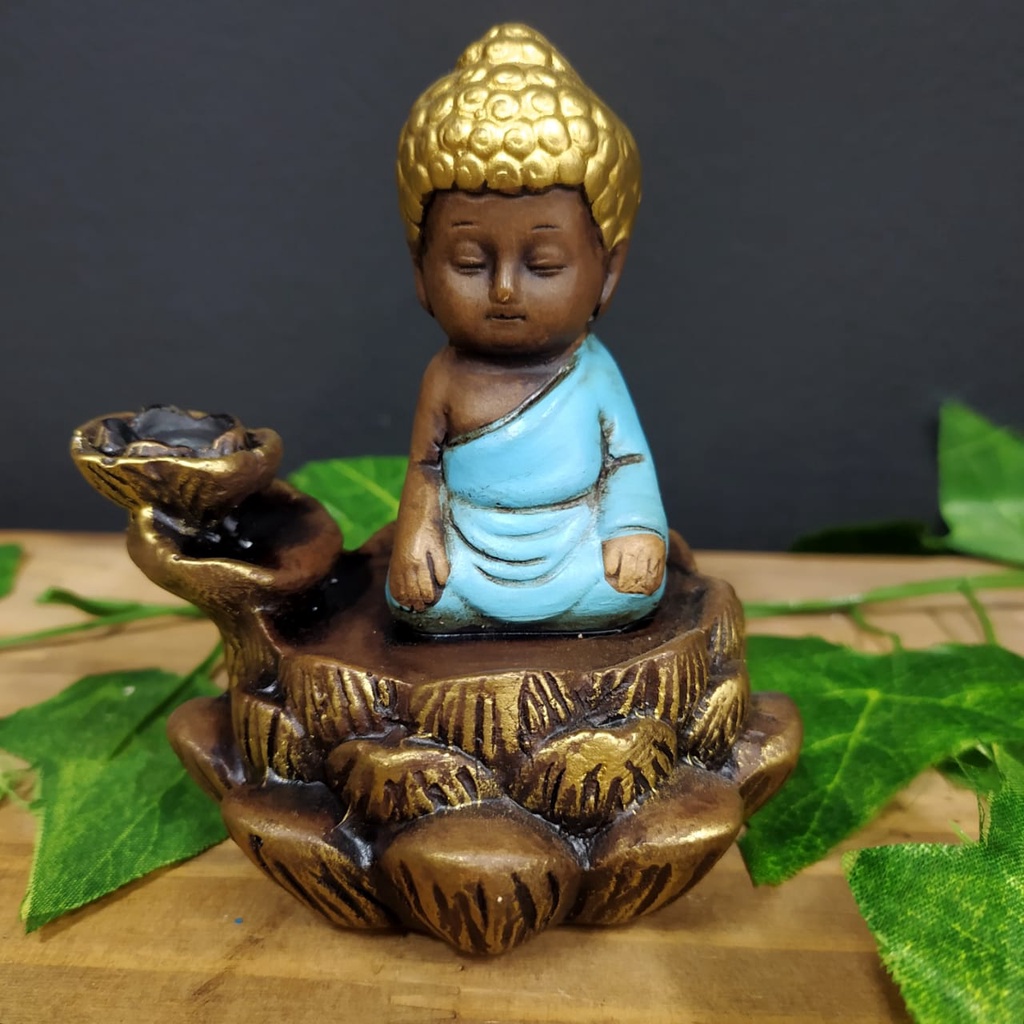 Imagem PORTA INCENSO CASCATA BUDA FLOR DE LÓTUS ENVELHECIDO C/ AZUL 11CM
