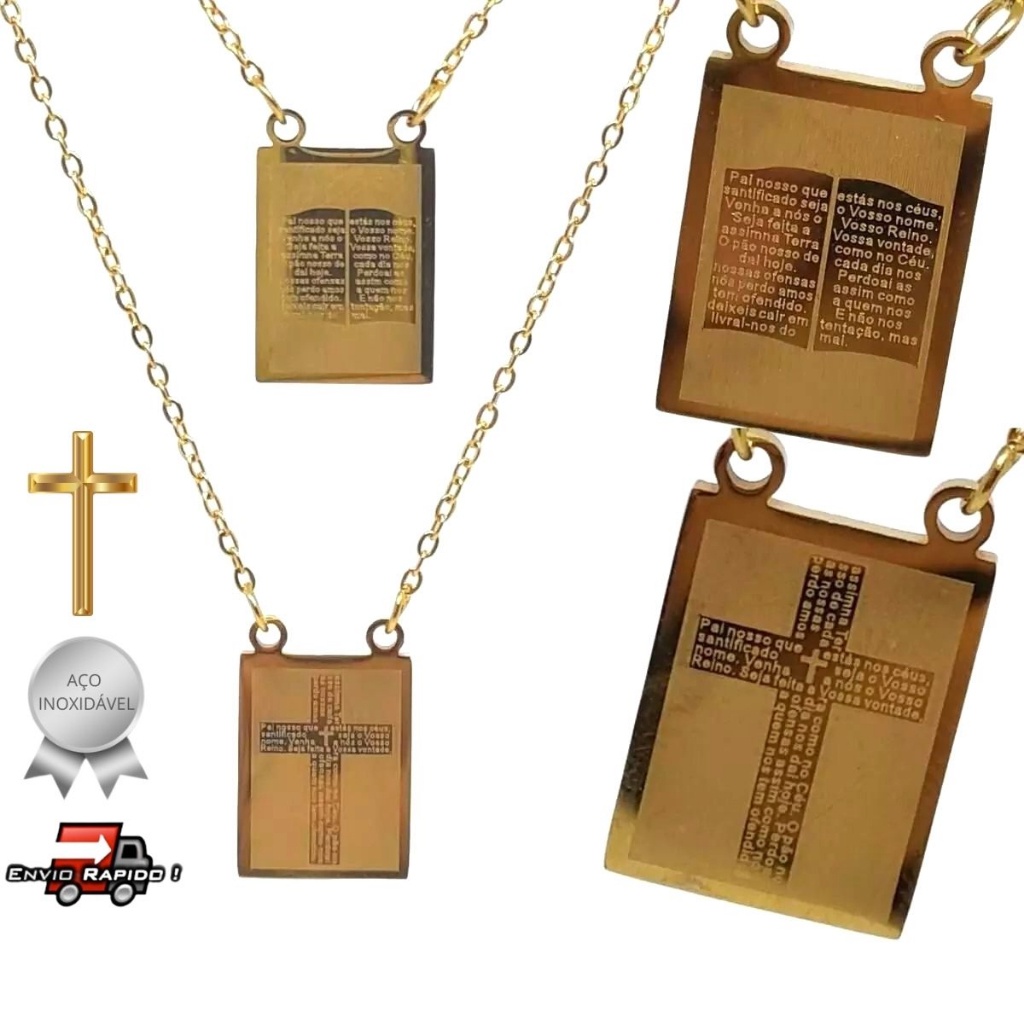 Escapulário Oração Pai Nosso Cruz Banhado a Ouro 18k Religioso Aço Inox Católico Cristão Salmos