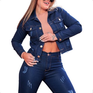 Conjunto Jeans Feminino Calça E Jaqueta Cropped Com Lycra
