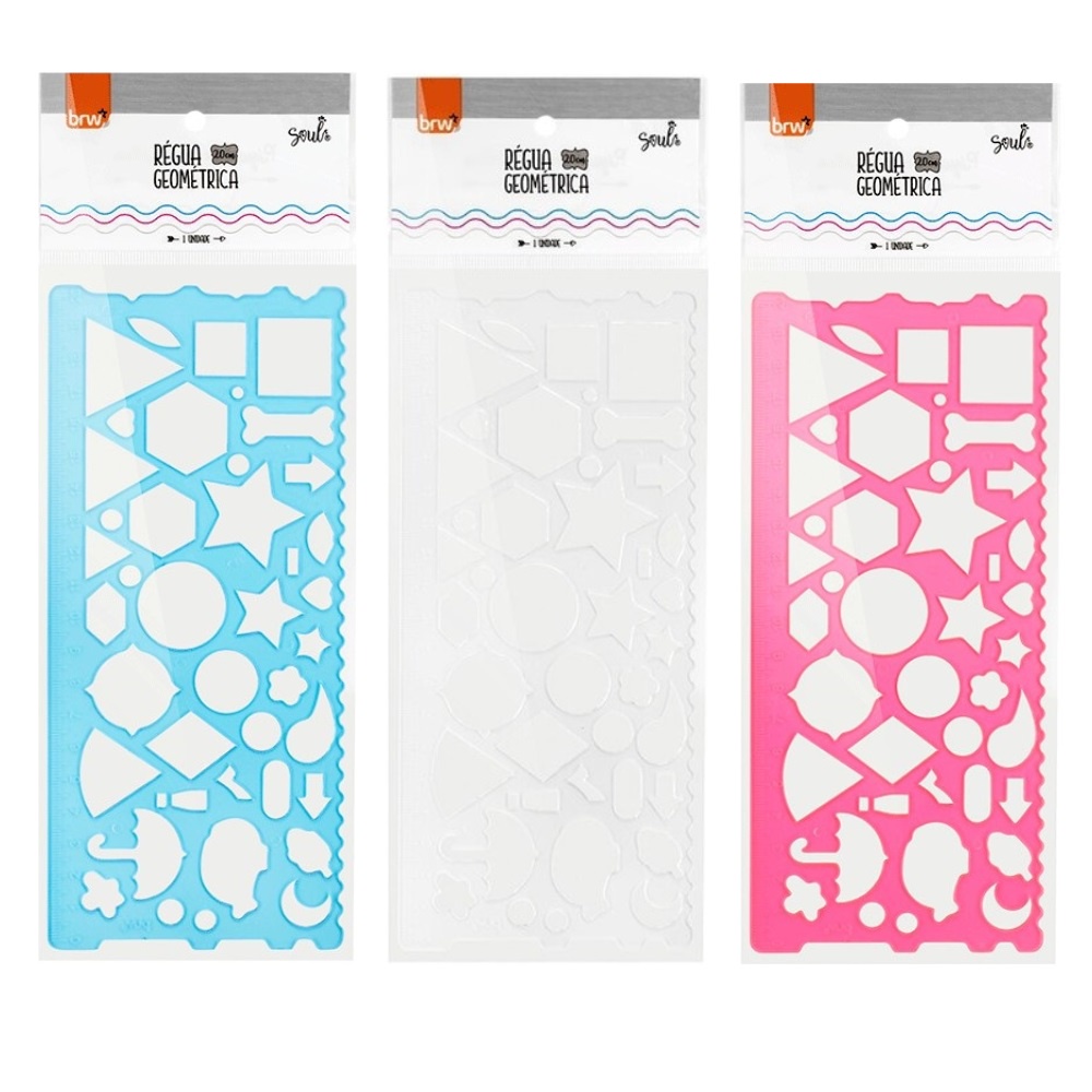 Régua Formas Geométricas 20cm Colorida Transparente BRW | Desenhos Geométricos | Material Escolar | Réguas | Papelaria em Oferta na Shopee