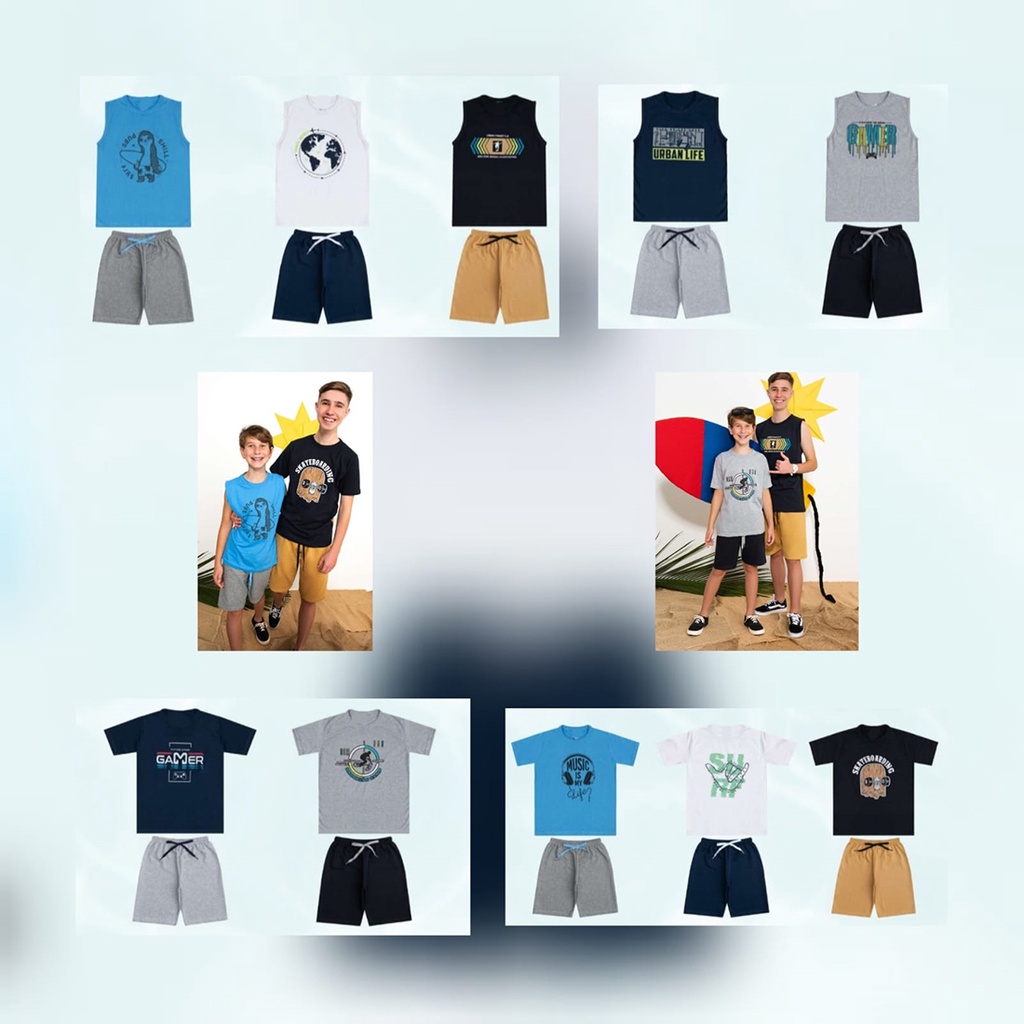 02 Conjuntos Camiseta Regata Bermuda Moletinho Juvenil Tam 10 12 14 16 Masculino