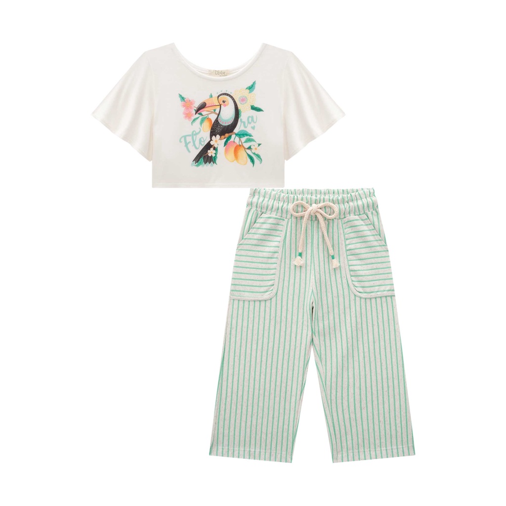 Conjunto Infantil Blusa Cropped Over em M. Malha Tucano e Calça Midi em Moletinho Linho Listrada Flora by Infanti