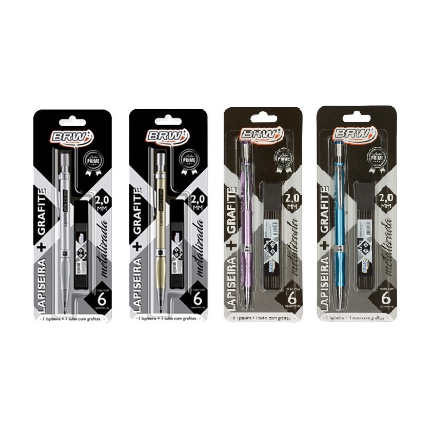 Lapiseira 2.0mm Metalizada Azul/Prata/Dourado/Roxo  + Tubo Grafite HB 6 Unidades BRW - Escolha a Cor em Oferta na Shopee