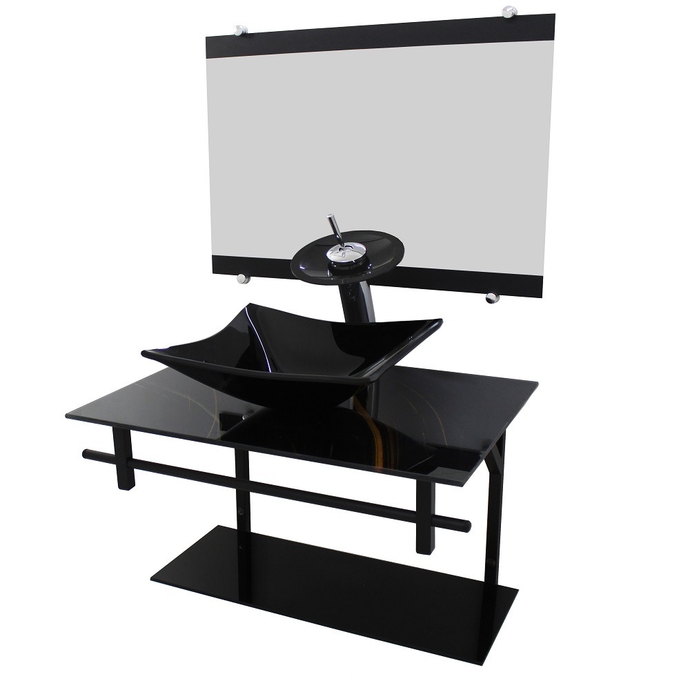 GABINETE DE VIDRO 60CM AP COM CUBA QUADRADA MÁRMORE PRETO DOURADO