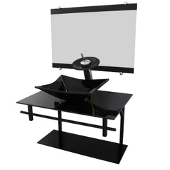 GABINETE DE VIDRO 60CM AP COM CUBA QUADRADA MÁRMORE PRETO DOURADO