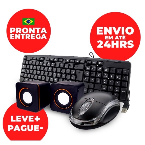 Kit Teclado e Mouse Basico Com Fio Computador + Caixa De Som Pc P2 Usb