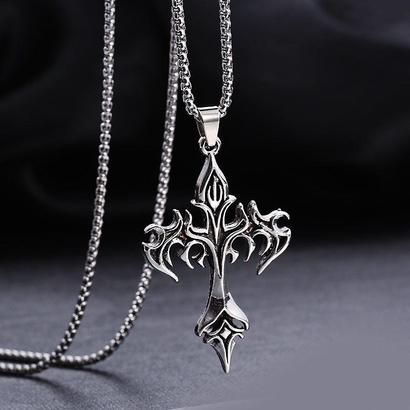 Colar De Pingente De Moda Vintage Flame Cross Pendant Para Mulheres Homens Corrente Longa Punk Goth Trendy Acessórios Gargantilha Gótica Jóias Góticas Acessórios