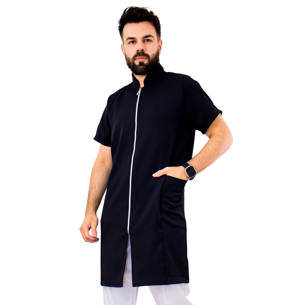 Jaleco Masculino Slim Elastano Manga Curta Zíper Preto Clínica Consultório Estudante Profissional