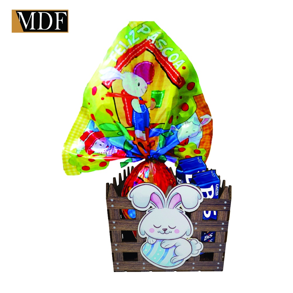 Cesta com Cercado e Aplique Coelho Ovo Azul Páscoa 15x15x12 Mdf Madeira Adesivado