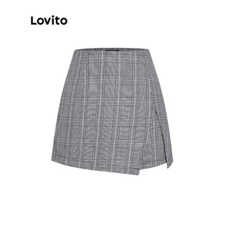 Lovito Casual Shorts Feminino Xadrez Pantacourt de Cintura Alta com Fenda e Zíper Frontal L53AD076 (Pied-de-Poule/Xadrez)