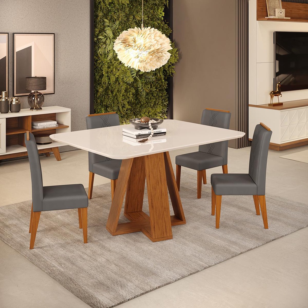 Conjunto de Sala Jantar 4 Cadeiras Chanfrado Curvo 120x90 DJ Móveis Kiara Freijo Yasmin Lunar