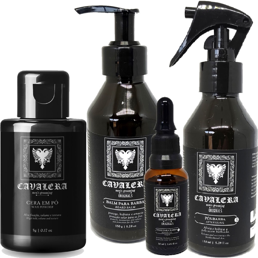 Kit Bay Rum Cavalera Loção Pós Barba, Óleo Para Barba, Balm de Barba e Pomada Em Pó Efeito Matte Seco 5g