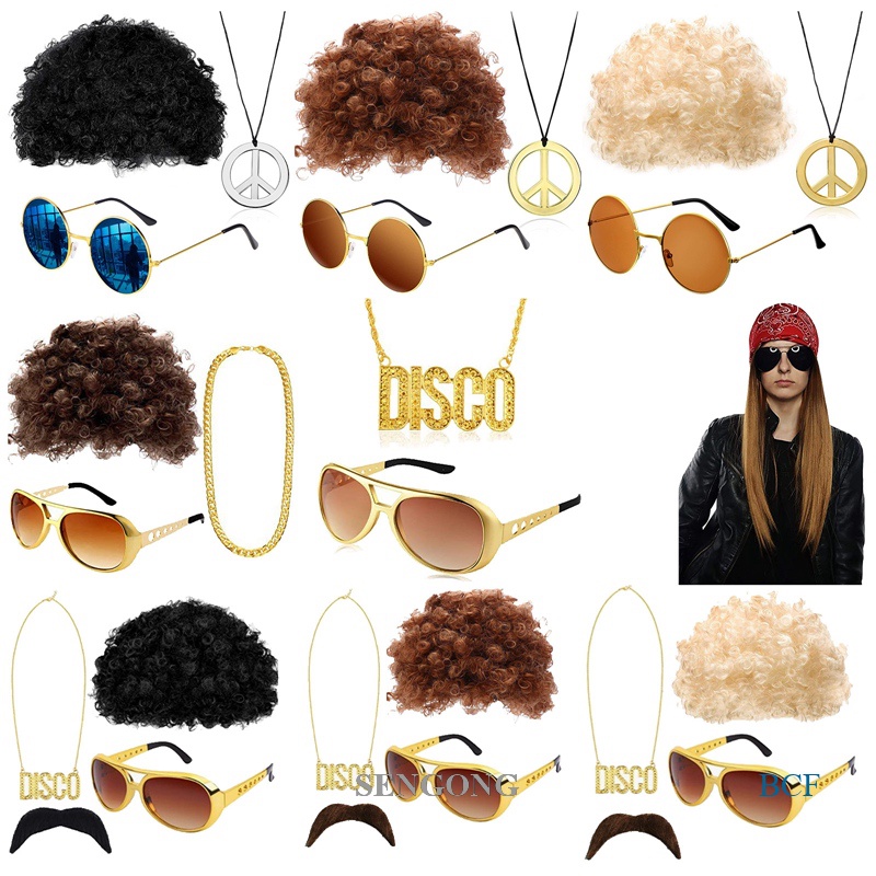 SENGONG Conjunto De Perucas Hippie Para Homens Trajes Retro Hip Hop Kit Gold Discoteca Acessórios Gomy
