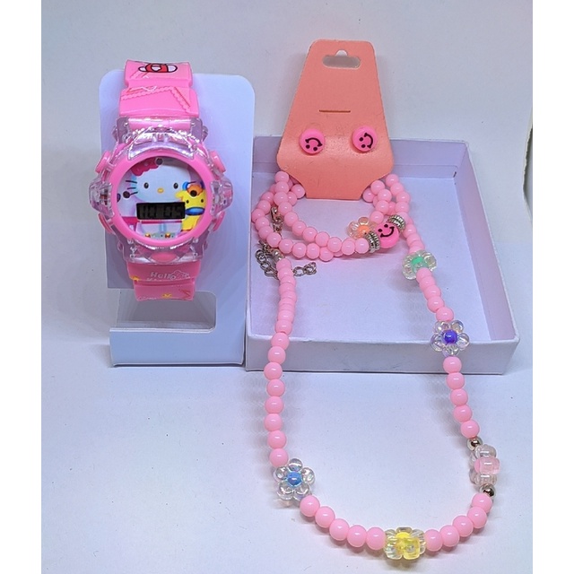 kit Relógio infantil Digital Pisca Luz Led Toca Musica + Colar e Pulseiras Brincos Miçangas Florzinhas Smile Meninas