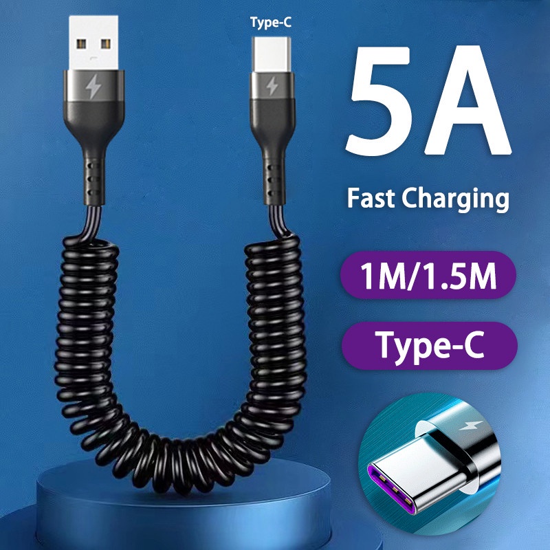 1/1.5m Cabo De Dados De Tensão De Mola Tipo C Retráctil Acessórios De Carregamento Do Telefone Micro USB Portátil 5A Rápido em Oferta na Shopee