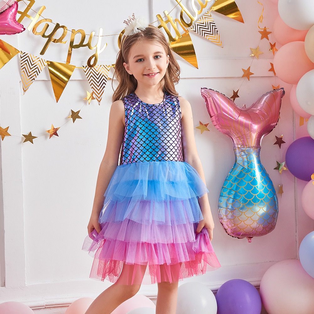 LMAA Novo Produto Festa Da Princesa Das Meninas Bolo De Renda Sereia Sem Mangas Ariel Vestido De Moda Para Primavera/Verão
