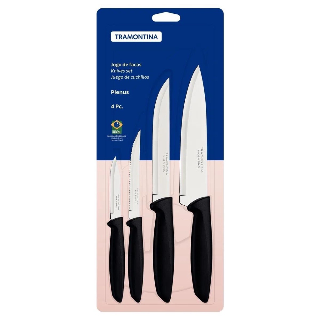 Jogo de Facas Tramontina Plenus com Lâminas em Aço Inox e Cabos de Polipropileno Preto 04 Peças 23498064 em Oferta na Shopee