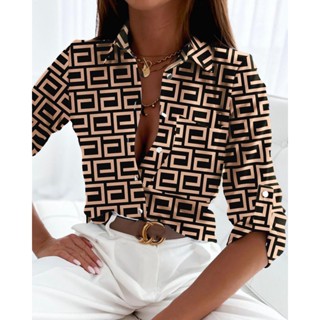 Blusas Mulher Casual Manga Comprida Camisas De Impressão Escritório Botão Elegante E Blusa Outono Inverno Slim Pocket Top Femme
