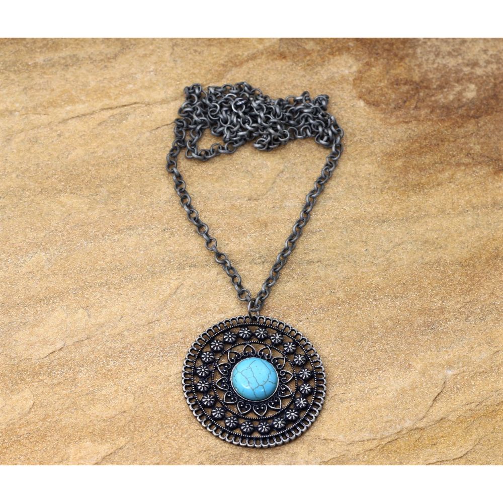 Colar Mandala Longo de Pedra Turquesa Grafite Bijuterias