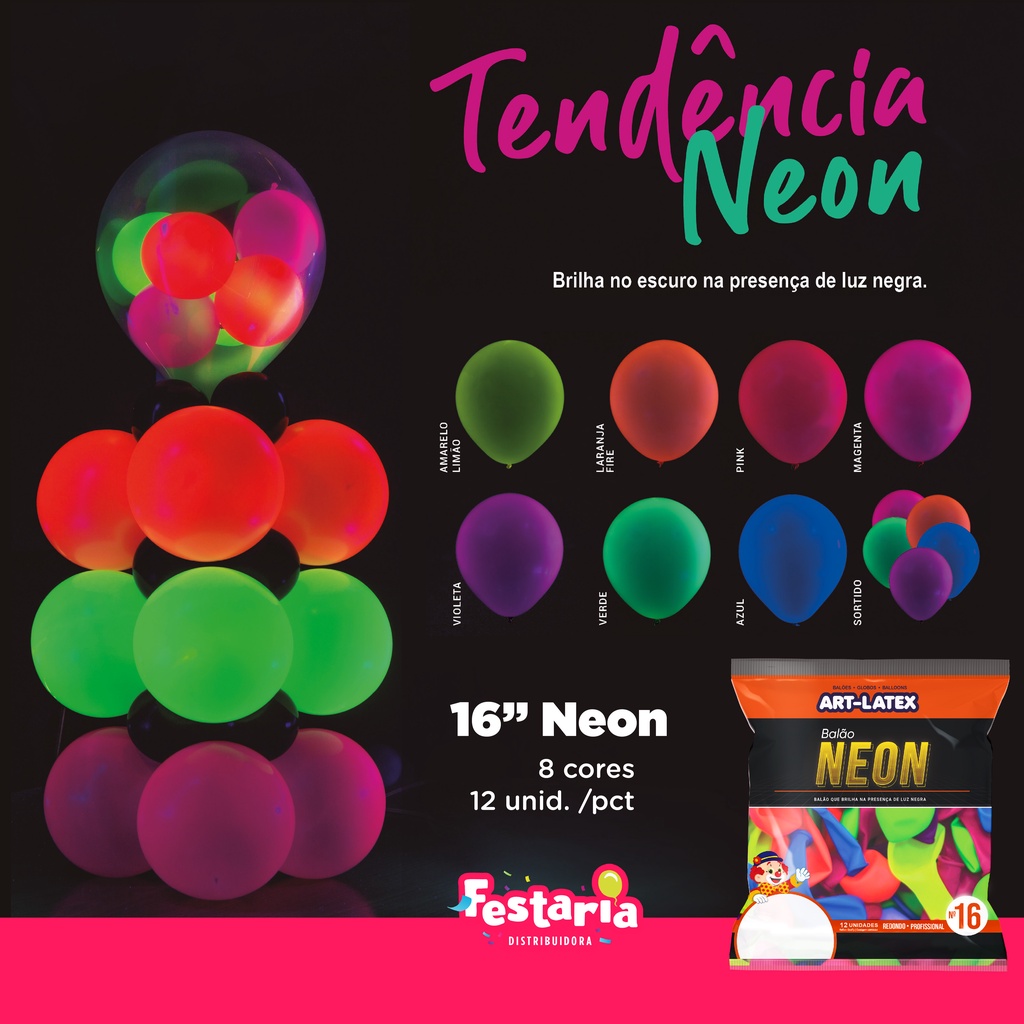Balão Neon 16" Diversas Cores – 12 Unid – Art Latex