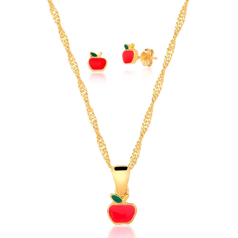 Conjunto Infantil Banhado a Ouro 18K Colar Com Pingente e Brinco - Maçãzinha em Resina