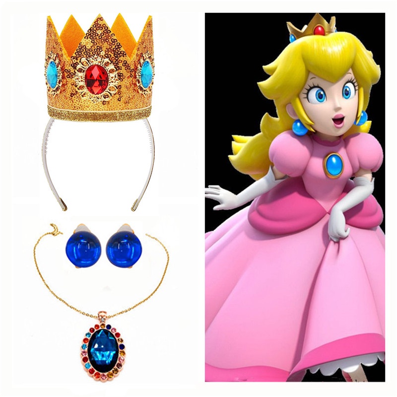 Princesa Peach Chiffon Lace Girls Cosplay Super Mario Brothers Colar Da Coroa E Brincos
