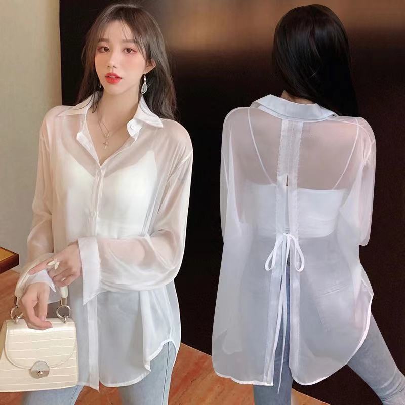 2023 novo Sexy solto protetor solar feminino primavera verão moda versão coreana volta fenda Design atado-Up camisa fina em Oferta na Shopee