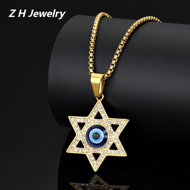 [Z H Jóias] Vintage Ouro 18K Seis Estrelas Gema Demoníaca De Olho De Demônio Moda Masculina Pingente Colar De Aço Inoxidável Hip Hop Party Titânio Acessórios em Oferta na Shopee